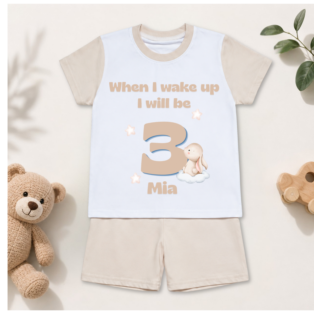 Infants personalised pyjamas shorts set- Sand.
