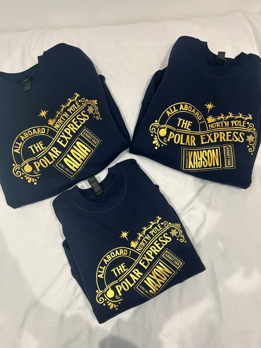 Adults Polar Express personalised jumpers.