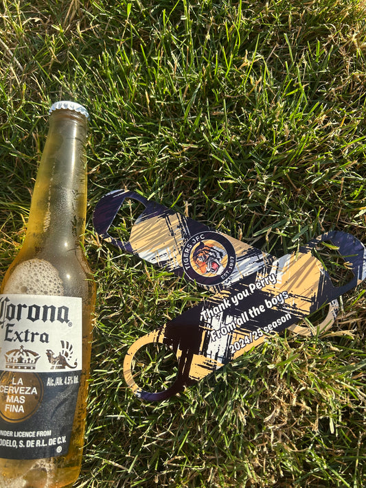 Metal bottle opener, double sided.