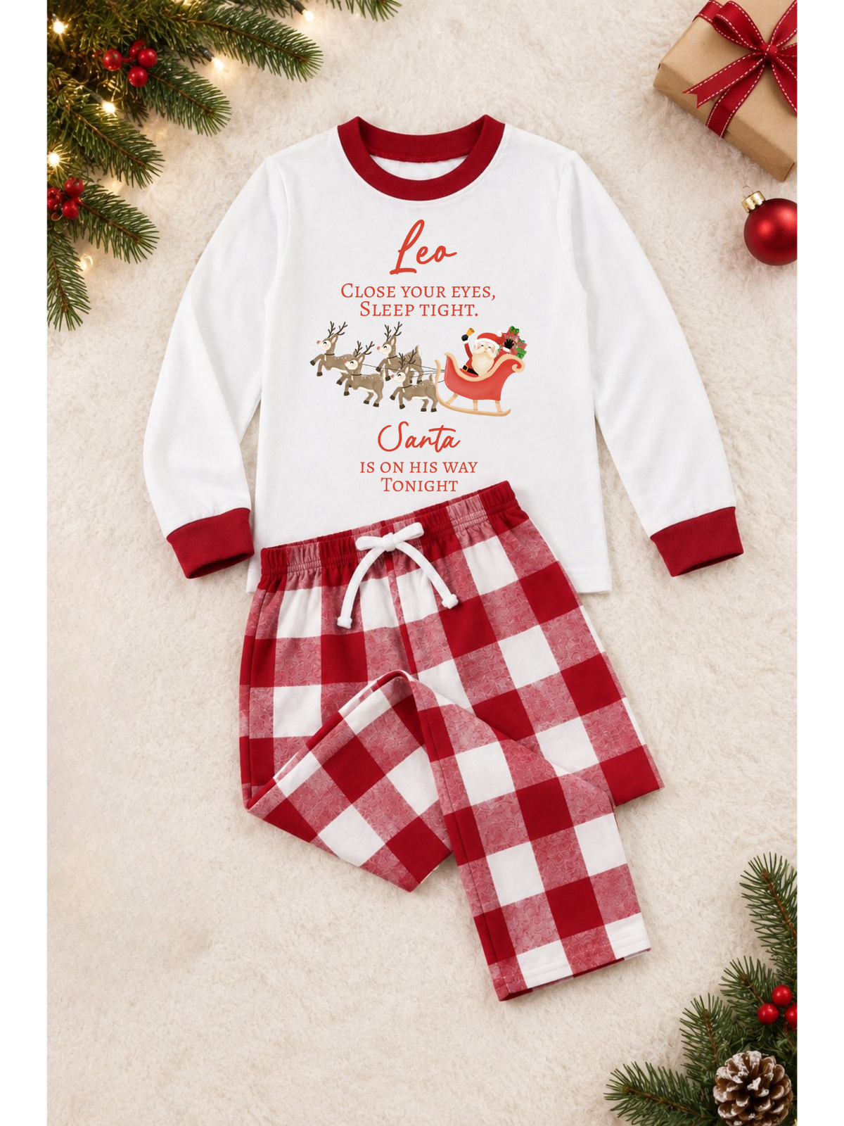 Red plaid pyjamas.