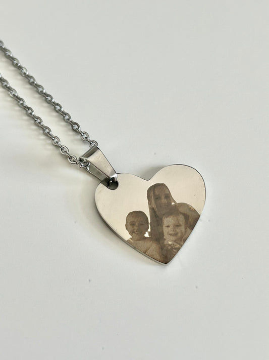 Engraved photo heart necklace (double sided).