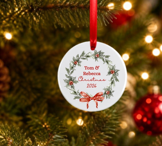 Couples named wreath Christmas ornament.