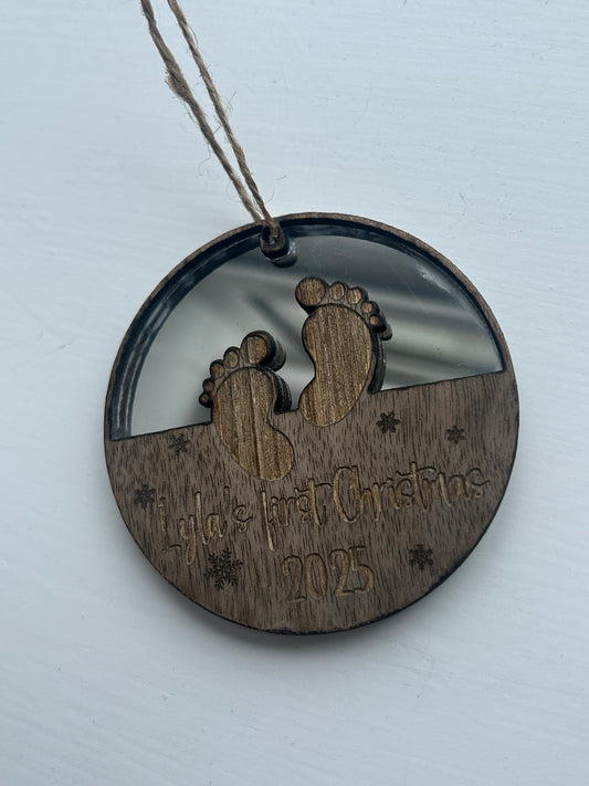 Custom engraved baby’s first Christmas decoration.