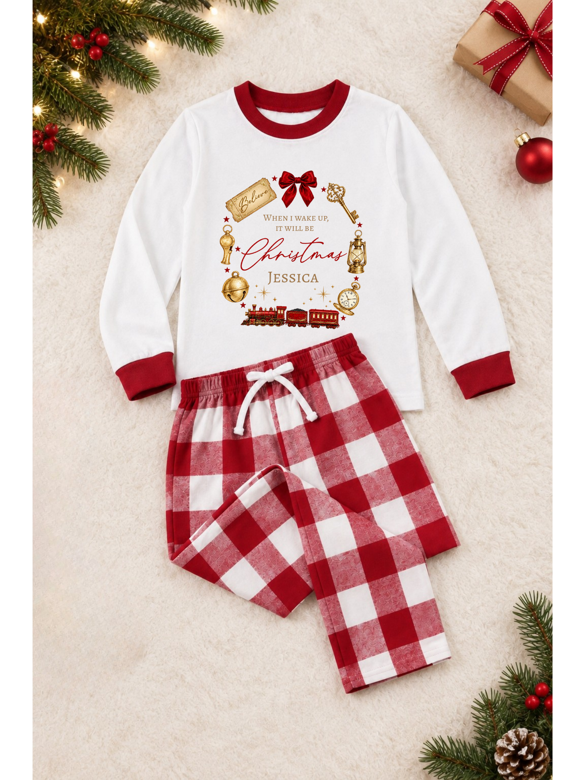 Red plaid pyjamas.