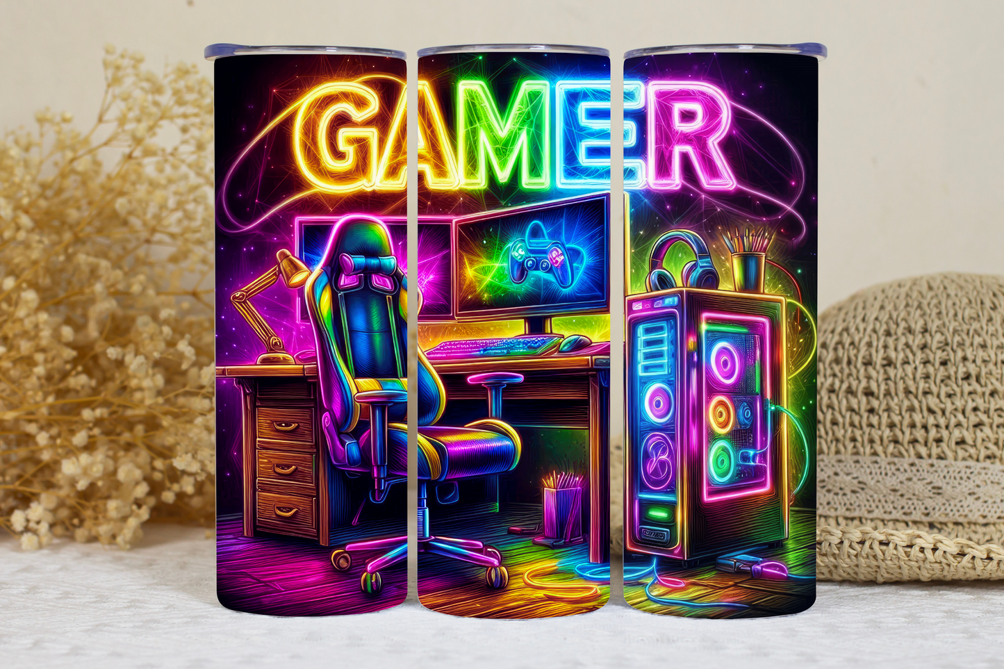 Neon gamer hot/cold tumbler.