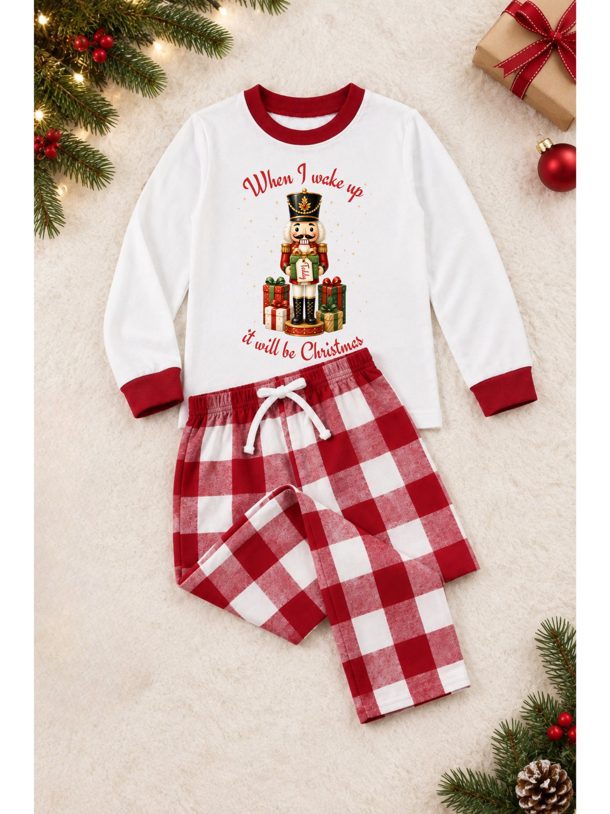 Red plaid pyjamas.