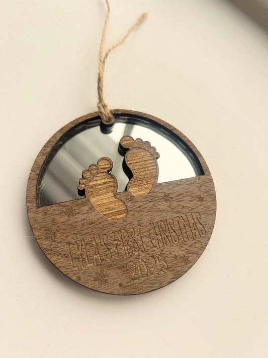 Custom engraved baby’s first Christmas decoration.