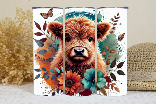 Floral highland cow hot/cold tumbler.